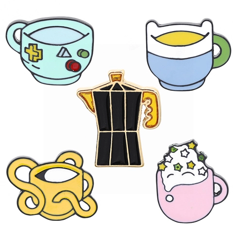 Cartoon Coffee Cup Moka Pot Enamel Brooch Pin Alloy Badge Cute Drink Theme Accessory For Backpack Jacket Hat Decor