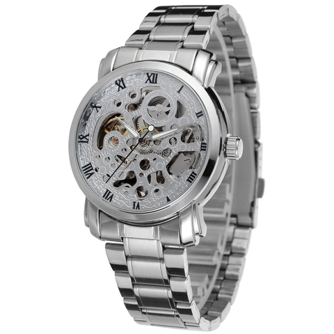 Men Automatic Mechanical Watch Skeleton Hollow Design Roman Numerals Stainless Steel Strap Waterproof Luxury Business Wristwatch