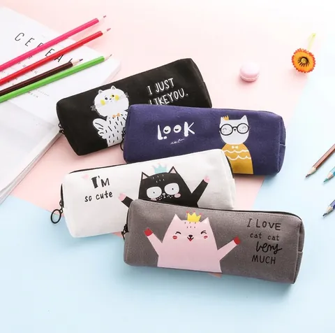 Etui Canvas Rits Met Grote Metalen Ring Cartoon Kat Patroon Japanse Stijl School Briefpapier Tas Voor Studenten Schattig