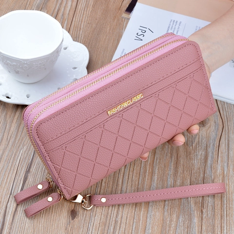 Portefeuille Long Femme Cuir PU Double Fermeture Éclair Grande Capacité Matelassé Motif Losange Pochette Avec Dragonne