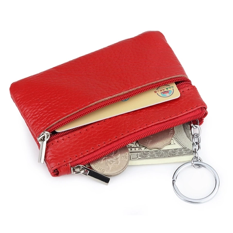 Genuine Cow Leather Coin Purse Key Wallet Double Zipper Pocket Lychee Pattern Small Portable Pouch Classic Solid Color