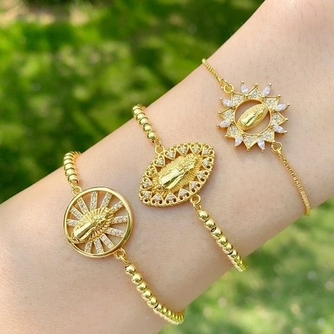 Virgin Mary Adjustable Bolo Bracelet Copper Gold Plated Cubic Zirconia Religious Jewelry For Women Our Lady Of Guadalupe