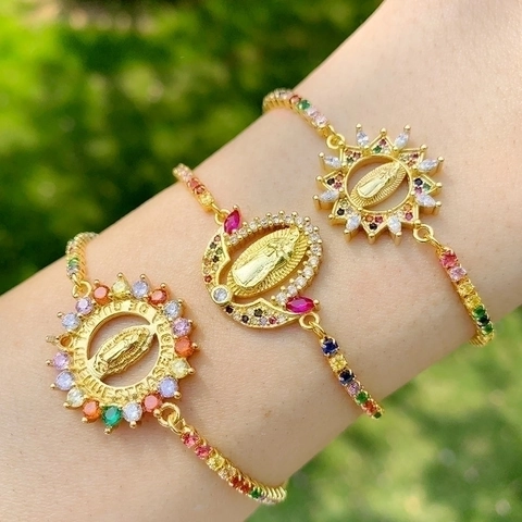 Bracelet Religieux Vierge Marie Cuivre Plaqué Or 18K Zircone Colorée Chaîne Coulissante Réglable Bijoux Bohème Femmes