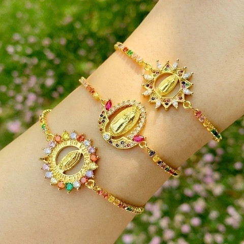 Bracelet Religieux Vierge Marie Cuivre Plaqué Or 18K Zircone Colorée Chaîne Coulissante Réglable Bijoux Bohème Femmes