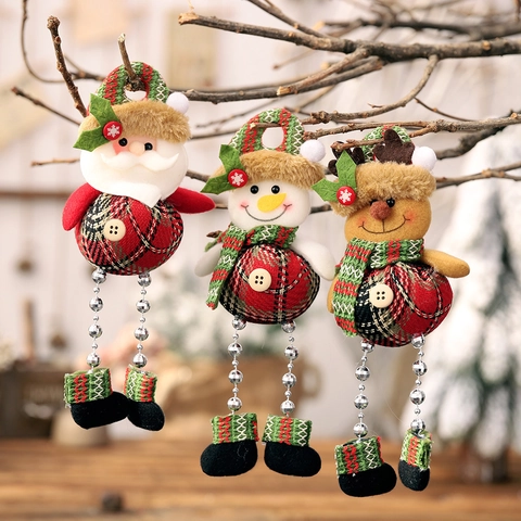 Christmas Plaid Fabric Hanging Ornaments Plush Santa Snowman Reindeer With Bead Legs Wooden Button Festive Holiday Decor