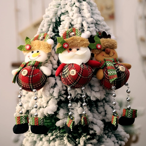 Christmas Plaid Fabric Hanging Ornaments Plush Santa Snowman Reindeer With Bead Legs Wooden Button Festive Holiday Decor