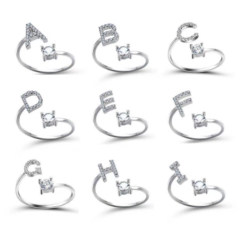 Initial Letter Adjustable Open Ring Alloy Rhinestone Sparkling Minimalist Trendy Fashion Jewelry For Women
