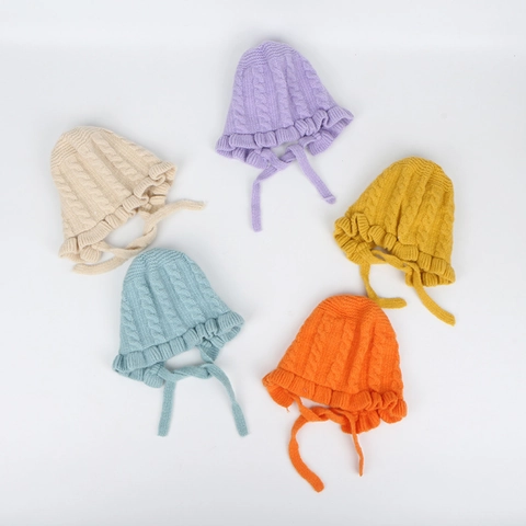 Baby Bonnet Winter Warm Cable Knit Hat With Ruffle Trim And Tie String For Infants Toddlers Acrylic Soft Comfortable