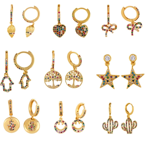 Orecchini A Cerchio Pendenti Con Zirconi Cubici Colorati Ottone Placcato Oro Croce Cuore Stella Occhio Turco