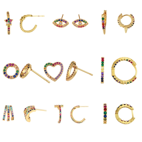 Geometric Tiny Stud Earrings Copper Gold Plated Colorful Zircon Inlaid Trendy Fashion Accessory For Women