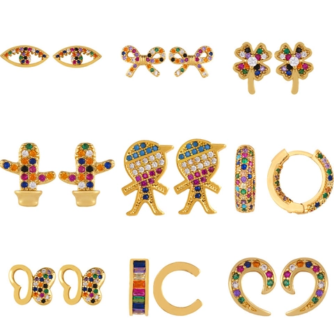 Geometric Tiny Stud Earrings Copper Gold Plated Colorful Zircon Inlaid Trendy Fashion Accessory For Women