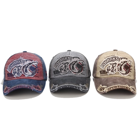 Vintage Gewassen Katoen Honkbalpet Shark Borduurwerk Distressed Retro Hip Hop Trucker Hoed Voor Heren Dames Verstelbaar