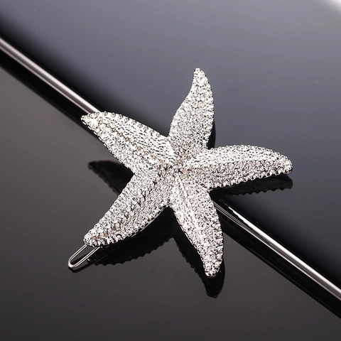 Starfish Hair Clips Rhinestone Alloy Bobby Pins Shiny Gold Silver Headwear For Women Girls Beach Vacation Accessories