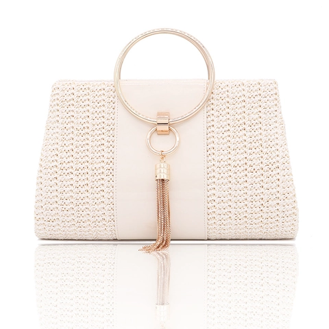 Geweven Stro Avondtas Met Goudkleurige Metalen Handgreep En Kwastje Dames Clutch Handtas PU Leer Contrast Stijl