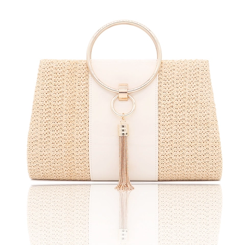 Geweven Stro Avondtas Met Goudkleurige Metalen Handgreep En Kwastje Dames Clutch Handtas PU Leer Contrast Stijl