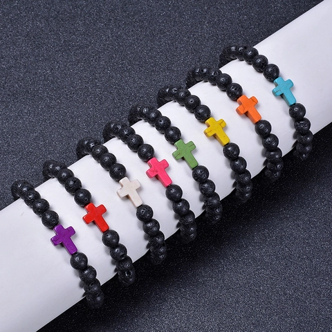 Bracciale Croce Pietra Lavica Roccia Vulcanica Naturale Diffusore Oli Essenziali Gioielli Religiosi Retro Uomo Donna