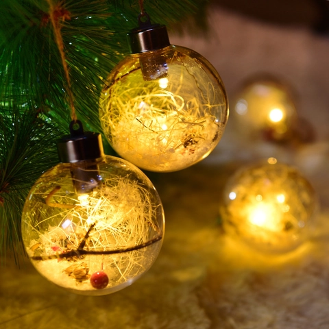LED Light Up Christmas Ball Ornaments Transparent Plastic Landscape Baubles Xmas Tree Hanging Decoration Warm Glow Interior