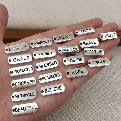 Inspirational Word Charm Pendants Rectangle Antique Silver Alloy Engraved Letter Tags For DIY Jewelry Making Vintage Style