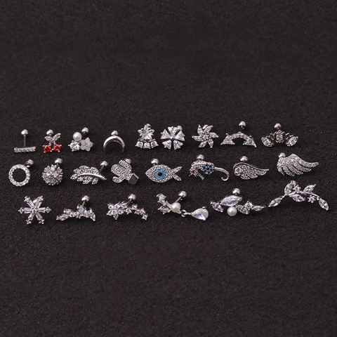 Zircon Seahorse Wing Leaf Ear Cartilage Stud Earrings Stainless Steel Post Screw Back Helix Piercing Jewelry For Women