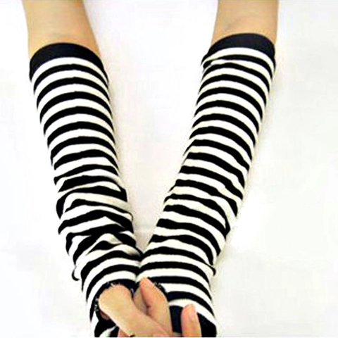 Women Long Arm Warmers Striped Pattern Fingerless Sleeves Jacquard Punk Hip Hop Style Carnival Party Decorative Arm Sleeves