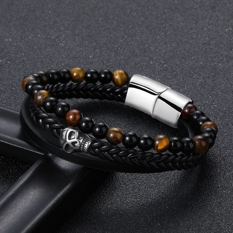Pulsera Multicapa Hombre Cuero Trenzado Cuentas De Piedra Natural Aleación Calavera Retro Punk Cierre Magnético