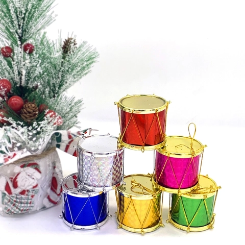 Mini Christmas Drum Ornaments Plastic Laser Finish Gold Thread Colorful Shiny Hanging Pendants For Holiday Tree Party Decor