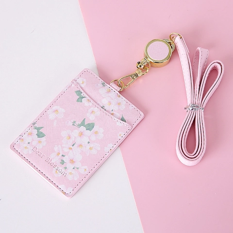 ID Card Holder PU Leather Retractable Lanyard Cherry Blossom Floral Neck Strap For Students Office