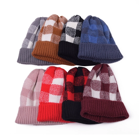 Berretto In Maglia Acrilico Caldo Inverno Autunno Motivo A Scacchi Risvolto Cappello Donna Moda Tempo Freddo