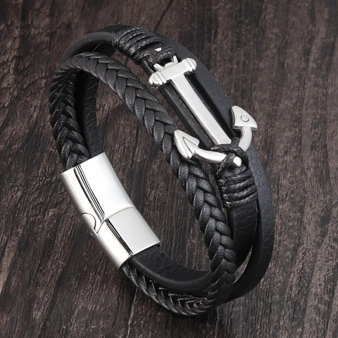 Pulsera De Cuero Trenzado Para Hombre Con Ancla De Acero Inoxidable Multicapa Estilo Náutico Cierre Magnético Vintage