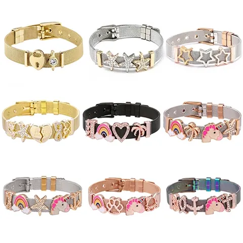 Stainless Steel Mesh Charm Bracelet With Adjustable Band Alloy Enamel Rhinestone Heart Unicorn Jewelry For Women Girls