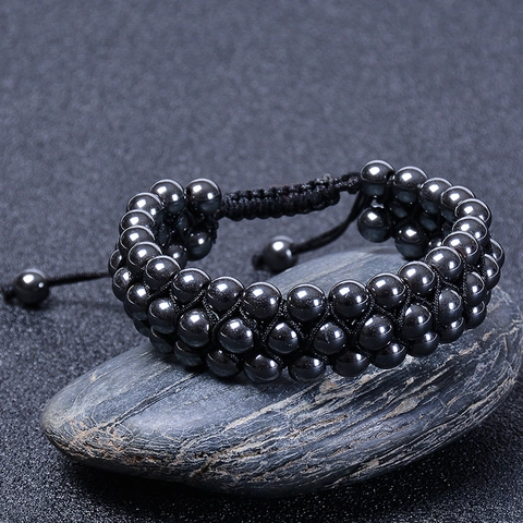 Bracelet En Pierre Naturelle D'hématite Multi-Rangs Cordon Tressé Réglable Bijoux Équilibre Guérison Unisexe