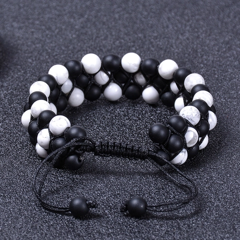 Multi Layer Beaded Bracelet Natural White Howlite Matte Black Agate Stone Woven Adjustable For Men Women Handmade
