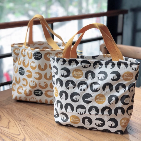Isolierte Lunchbag Mit Eisbär-Print Baumwollstoff Verdickte Aluminiumfolie Thermische Tragetasche Reißverschluss