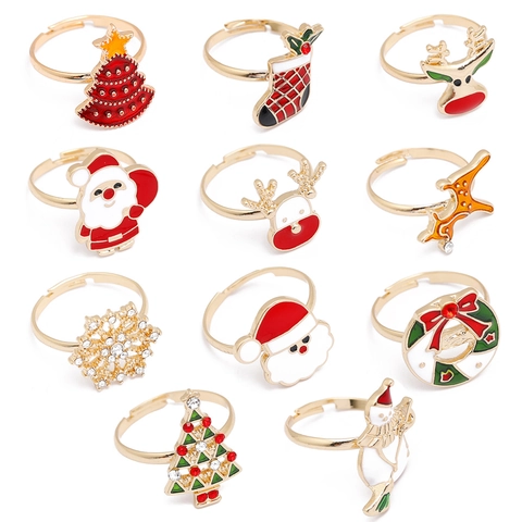 Bague De Noël Réglable Alliage Émail Dessin Animé Père Noël Renne Flocon De Neige Bijoux Pour Enfants Femmes Cadeau