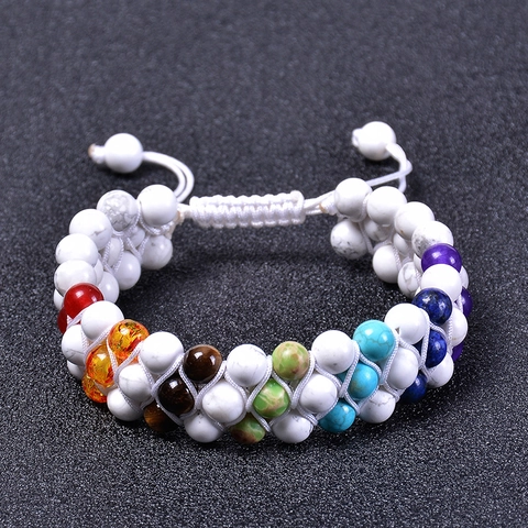 Bracciale Intrecciato a Tre File in Turchese Bianco Naturale Fatto a Mano Sette Chakra Perle Curative Gioielli Regolabili