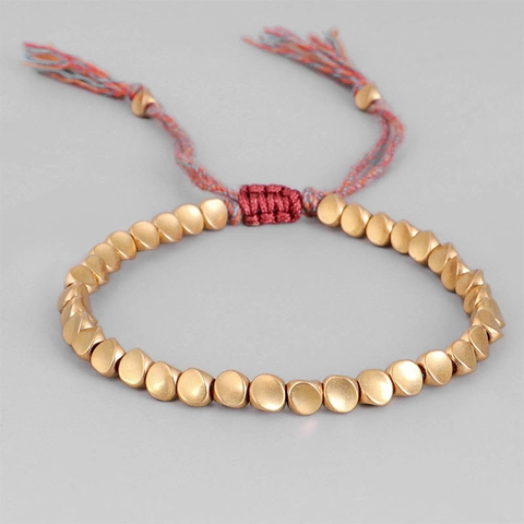 Handmade Braided Bracelet Irregular Copper Beads Matte Gold Adjustable Drawstring Tassels Ethnic Boho Unisex Jewelry