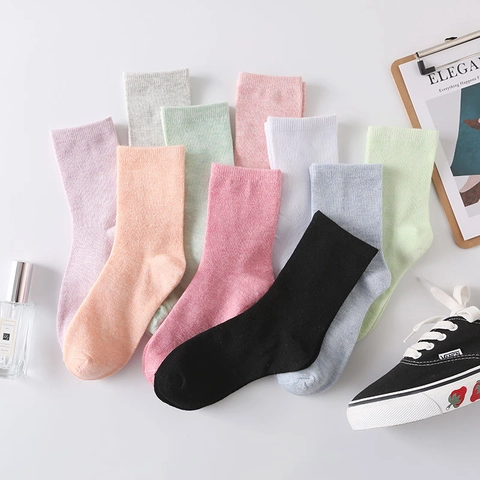 Women Crew Socks Solid Color Cotton Knit Soft Breathable Comfortable Daily Casual Mid Calf Stockings Multi Color