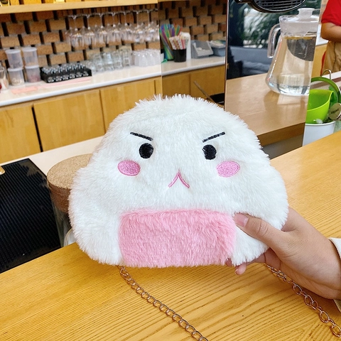 Bolso Bandolera De Felpa Con Forma De Bola De Arroz Onigiri Bordado De Expresión De Dibujos Animados Cadena Dorada