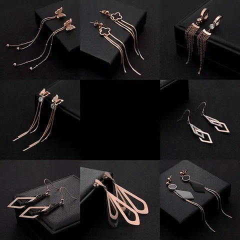 Pendientes Colgantes Acero Inoxidable Chapado En Oro Rosa Borlas Largas Geométricas Mariposa Corazón Circonita Mujeres