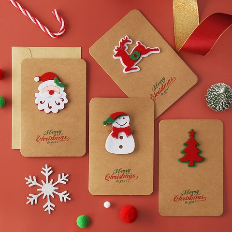 Vintage Kraft Paper Christmas Greeting Card With Handmade 3D Felt Appliques Envelopes Festive Holiday Gift Cards