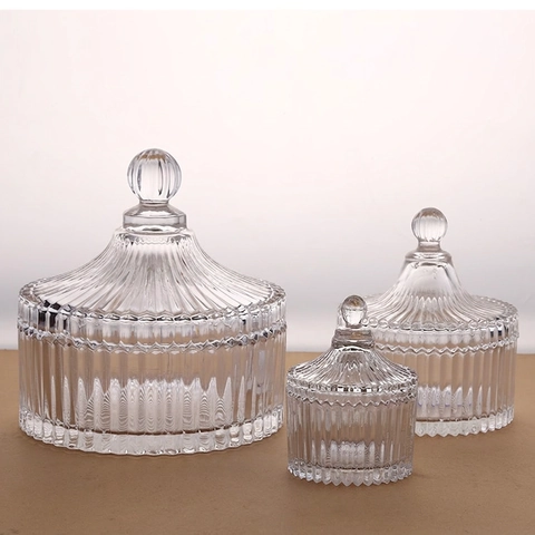 Europese Retro Glazen Voorraadpot Met Deksel Geribbeld Transparant Loodvrij Suikerpot Decoratieve Sieradendoos Elegant Bureau