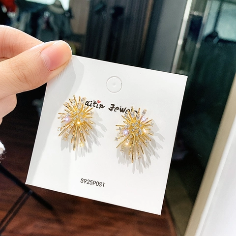 Firework Starburst Stud Earrings With 925 Sterling Silver Earring Post Alloy Cubic Zirconia Elegant Jewelry For Women