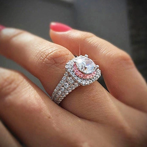 Round Cut Cubic Zirconia Ring Brass Double Halo Pavé Band Luxury Engagement Wedding Jewelry For Women Elegant Sparkling