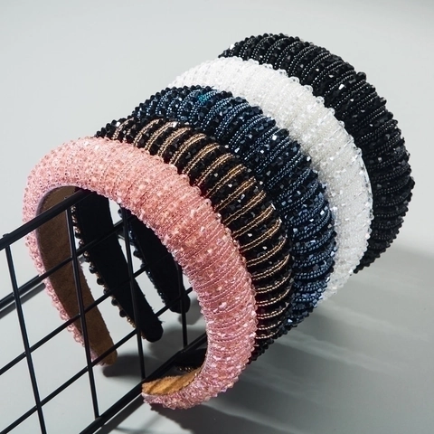 Baroque Crystal Beaded Headband For Women Retro Thick Padded Hair Band Handmade Rhinestone Hair Accessories Wedding Party Daily Jewelry