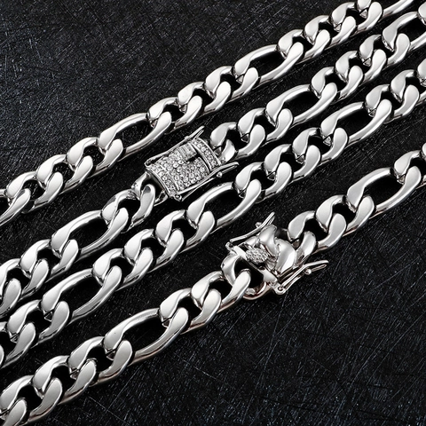 Cuban Figaro Chain Necklace Stainless Steel Iced Out Zircon Box Clasp Hip Hop Punk Streetwear For Men Women