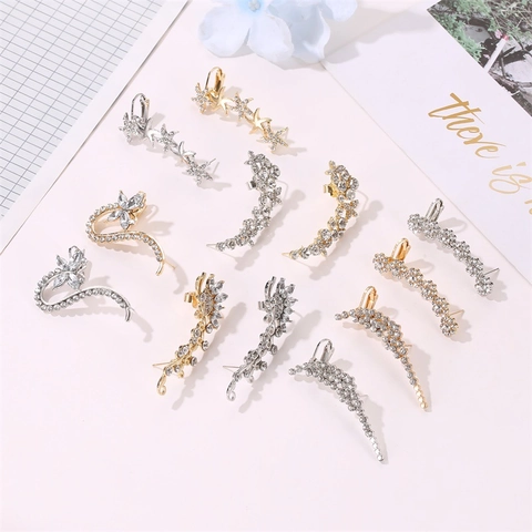 Fashion Alloy Rhinestone Butterfly Flower Ear Cuffs For Women Vintage Gold Silver Crystal Ear Crawler Wrap Earrings Jewelry