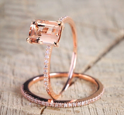 Élégant Ensemble de Bagues en Or Rose avec Strass Taille Émeraude pour Femme Micro-Pavé Mariage Fiançailles Bijoux Cadeau