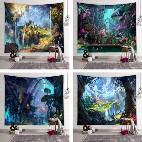 Arazzo Paesaggio Fantasia Appeso Parete Tessuto Poliestere Decorazione Casa Boemo Foresta Funghi Castello Magico