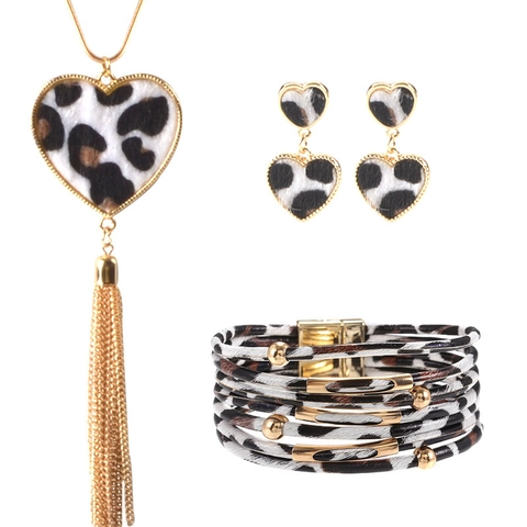 Fashion Leopard Print Jewelry Collection Alloy Faux Leather Tassel Necklace Heart Earrings Multilayer Bracelet Bohemian Accessory