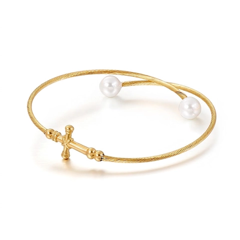 Bracciale Rigido In Acciaio Inossidabile Con Ciondolo A Croce E Perla Artificial Gioielli A Polsino Aperto Da Donna